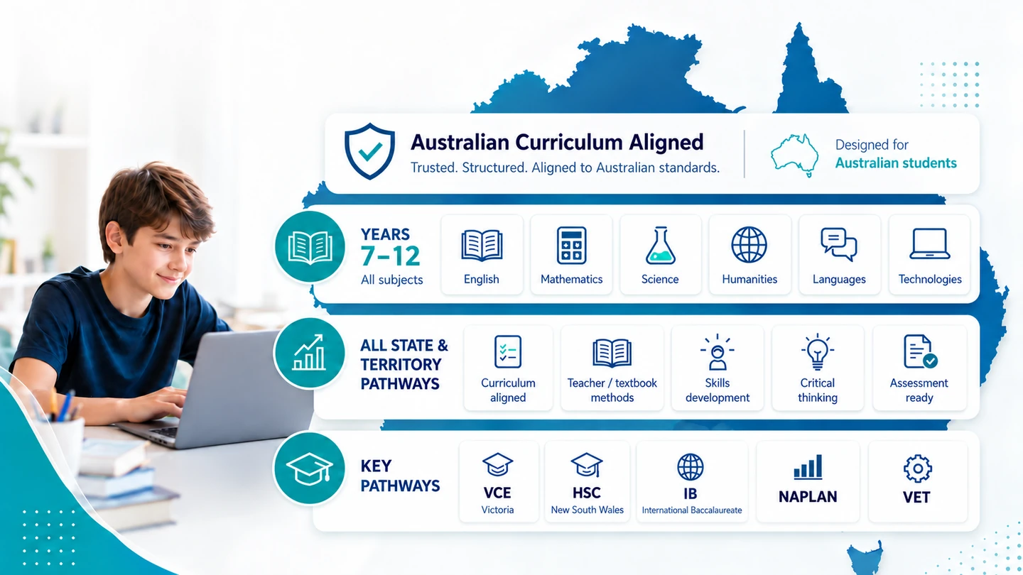 Australian curriculum learning pathways for Years 7–12: English, Mathematics, Science, Humanities, Languages and Technologies. All state and territory pathways, including VCE, HSC, IB, NAPLAN and VET, with curriculum alignment, teacher and textbook methods, skills development, critical thinking and assessment preparation.