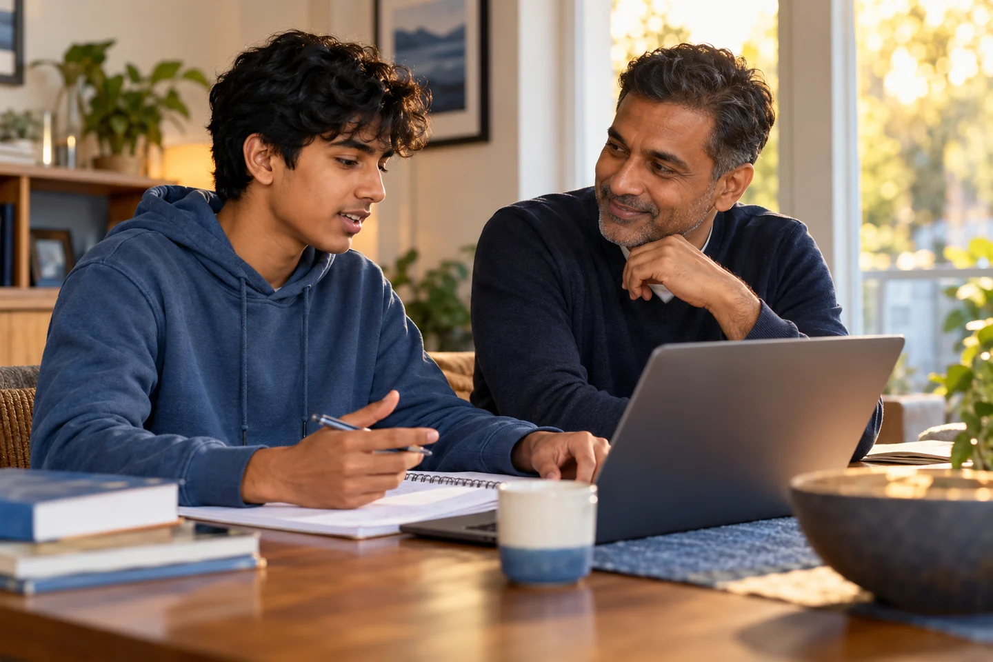 A father and son learning together at home
